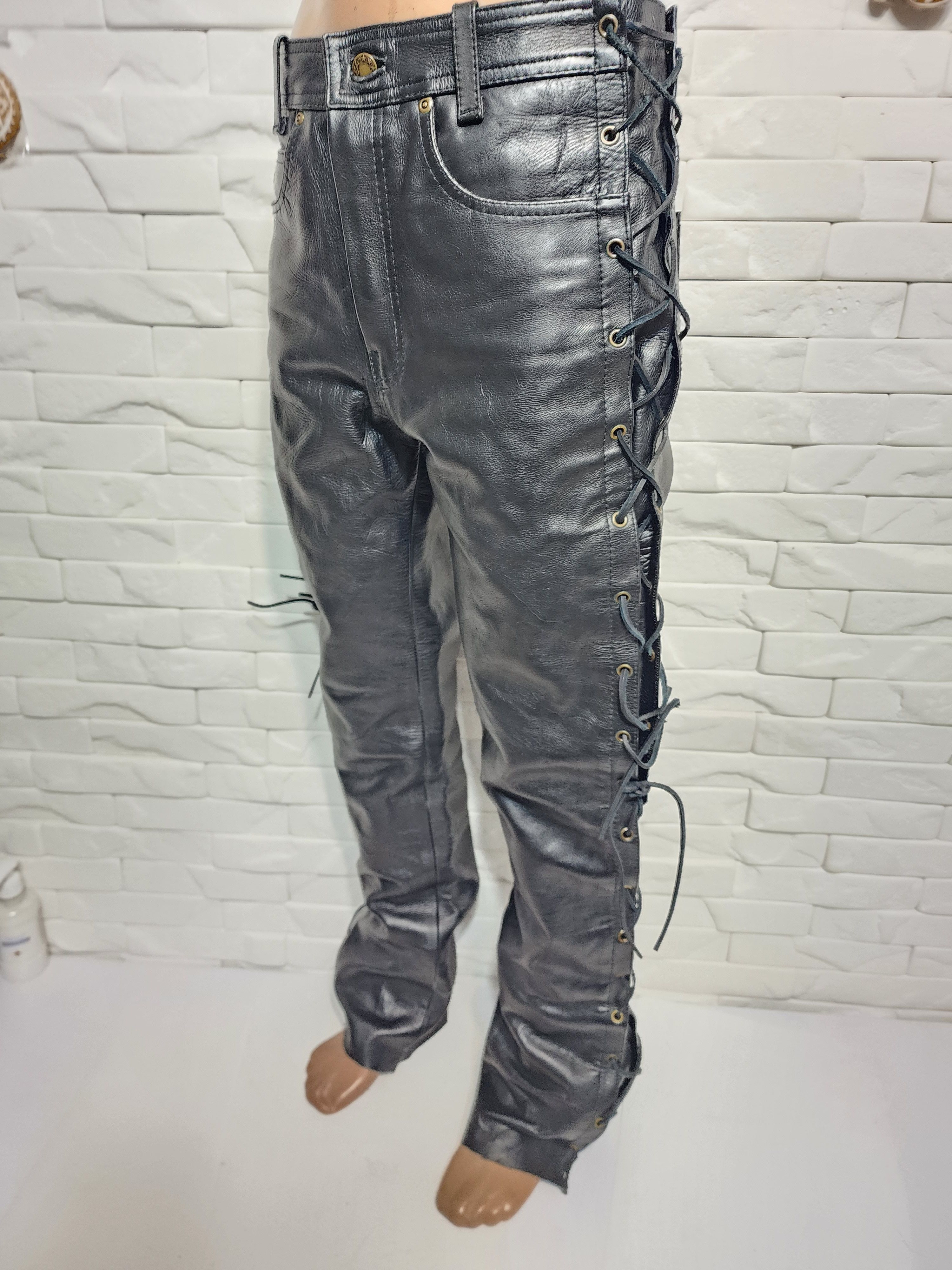 Other Black Leather Pants for Men. Leather Pants with Lacing. Size US 32 / EU 48 - 2 Thumbnail