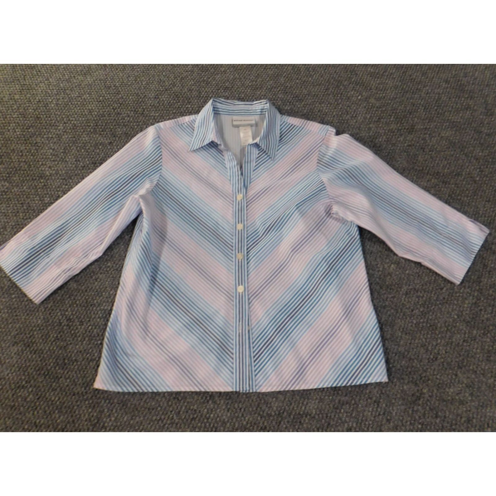 Vintage Alfred Dunner top Button-Up Shirt Petite PS Womens Blue Striped Collared Long Sleeve Polyester Regular Fit Size S / US 4 / IT 40 - 4 Thumbnail