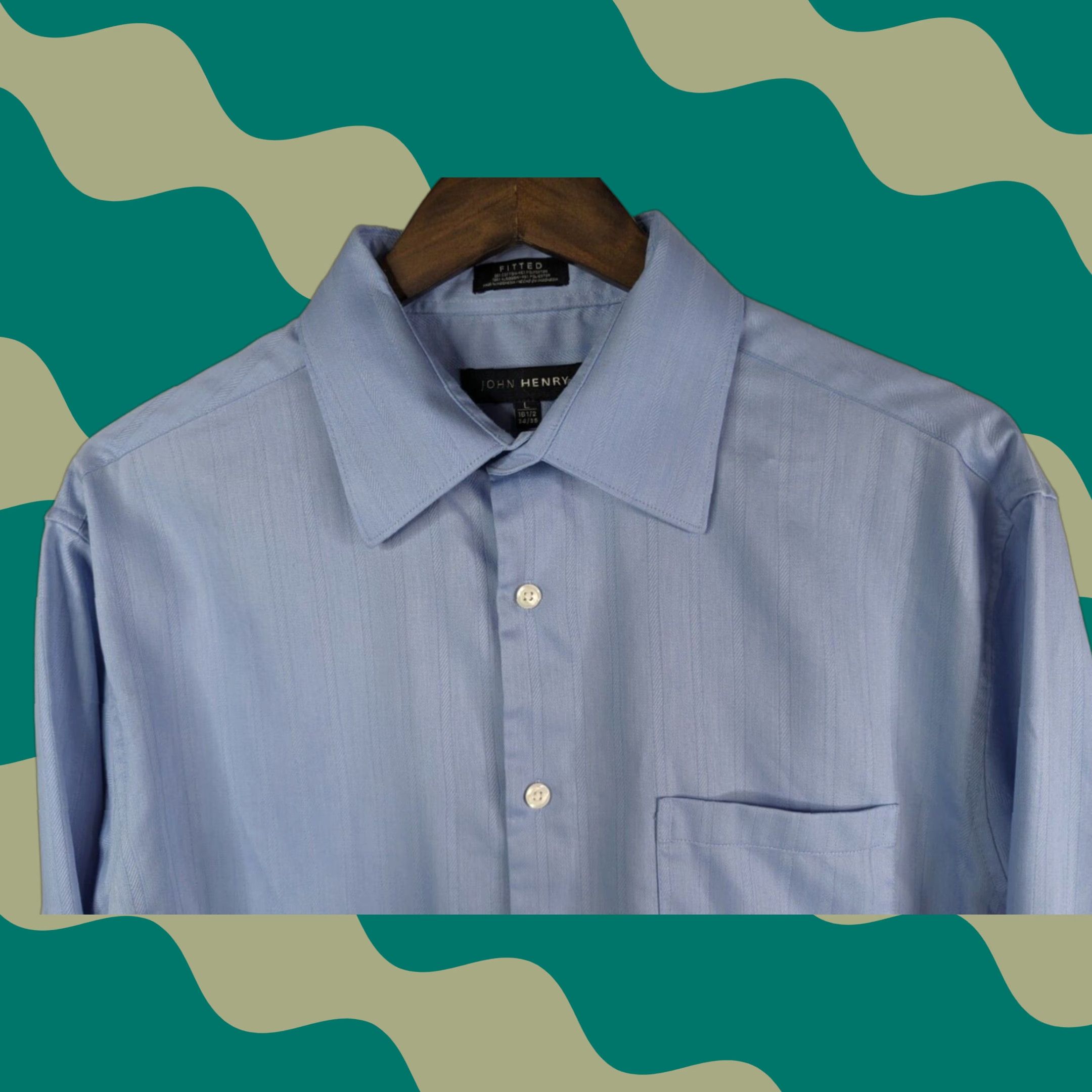 Vintage John Henry Mens Dress Shirt L Blue Pinstripe Long Sleeve 16.5 (34/35) Button-Front Shirt with One Chest Pocket Size 42R - 1 Thumbnail