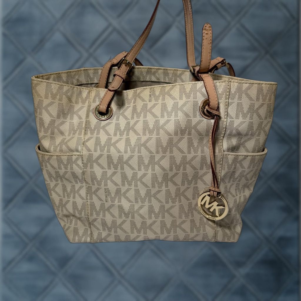 Vintage Michael Kors Purse East West Signature Print Tote Handbag Vanilla Vanilla, Women's