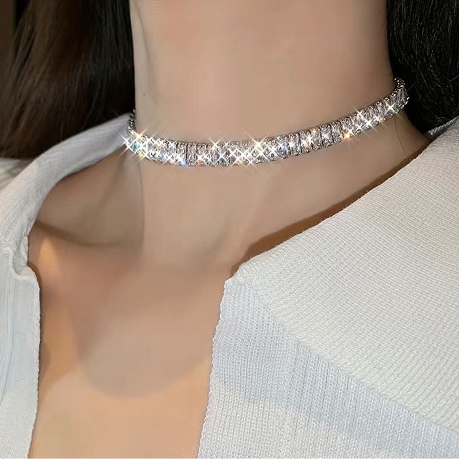 Jewelry Ladies clear baguette silver plated tennis necklace Size ONE SIZE - 3 Thumbnail