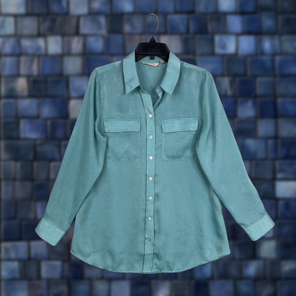 Soft Surroundings Soft Surroundings Shirt Womens Medium Teal Button-Front Satin Blouse Top Size M / US 6-8 / IT 42-44 - 1 Thumbnail