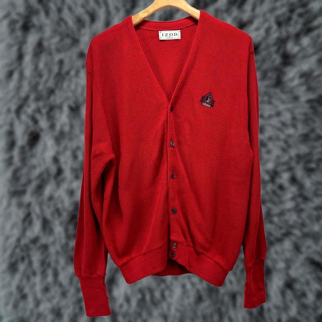 Izod VINTAGE IZOD Cardigan Sweater Mens XL Red V-Neck Crest Acrylic Grandpa Grunge USA Mens Size US XL / EU 56 / 4 - 1 Thumbnail