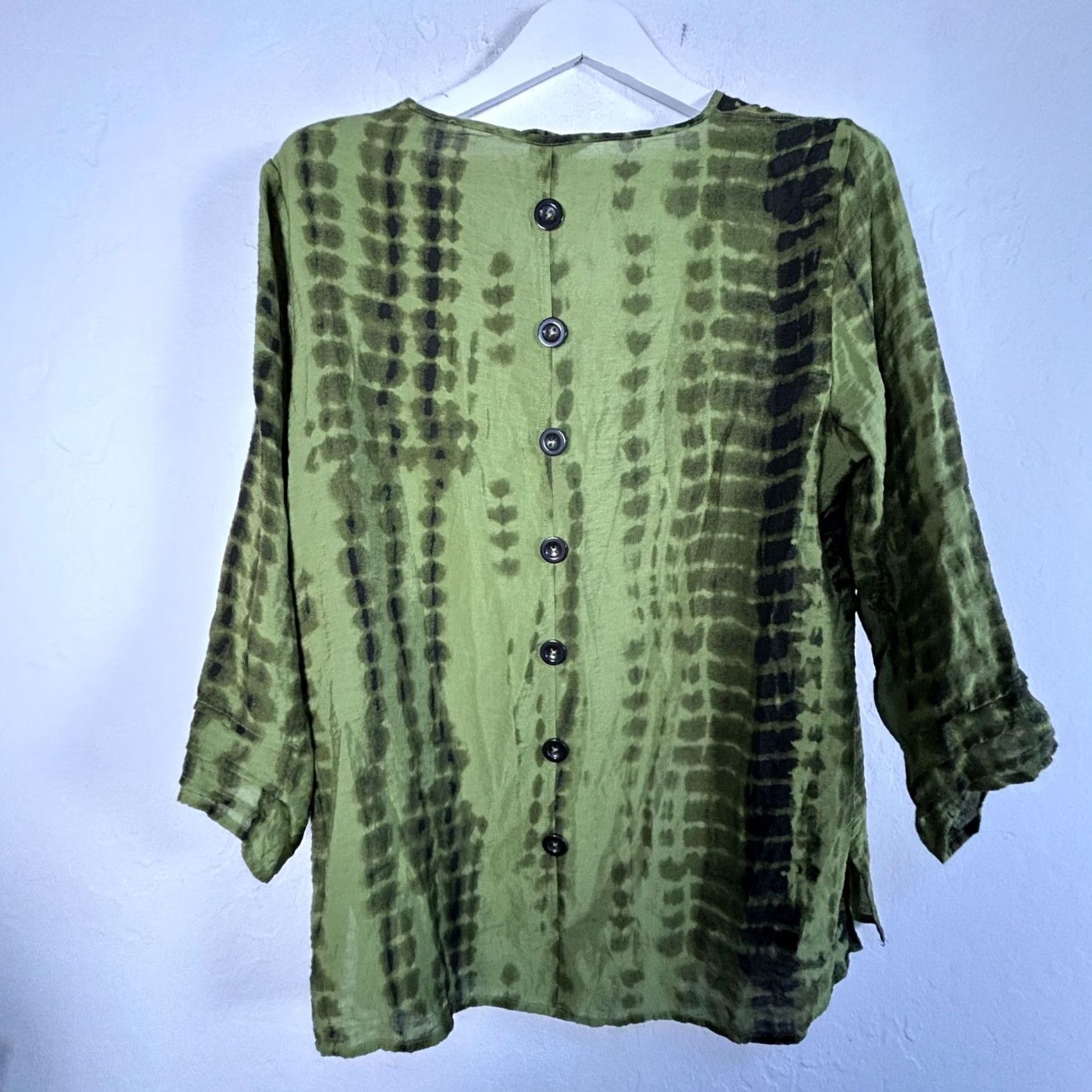 Vintage Ali Miles Blouse Top Large Green Tie-Dye 3/4 Sleeve Button Back Detail Womens Size L / US 10 / IT 46 - 2 Thumbnail