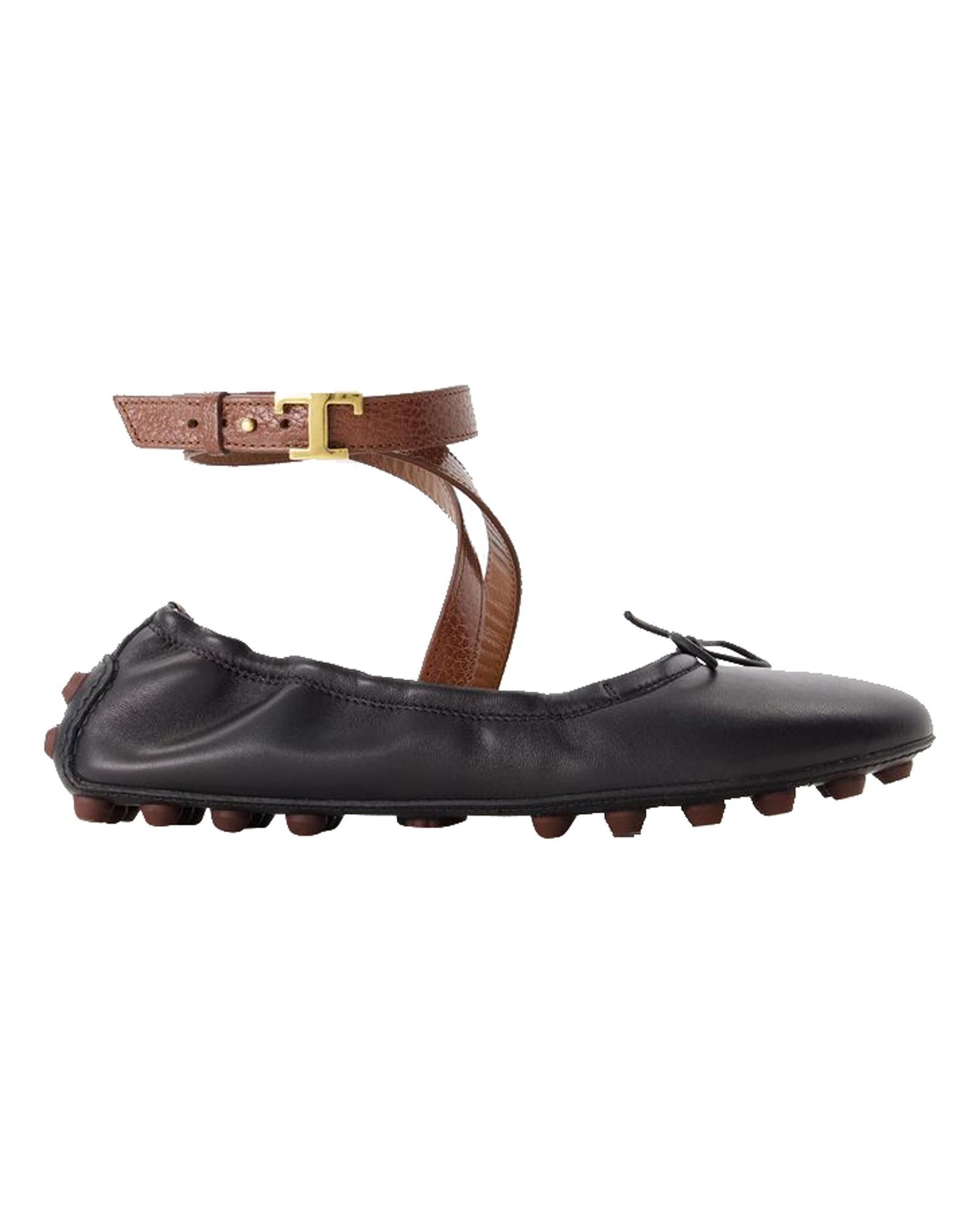 image of Tods Leather Ballerinas With Rubber Sole And Ankle Strap Shoes in Black, Women's (Size 9)
