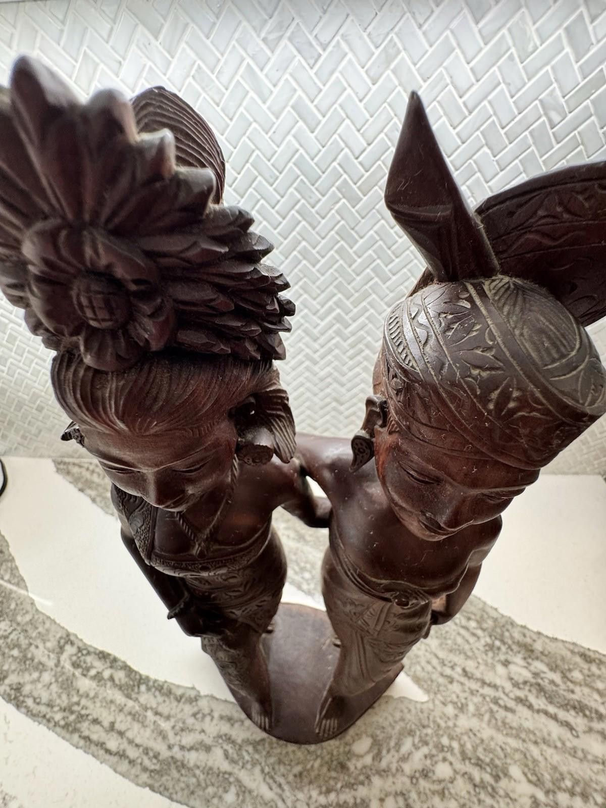 Designer Vintage BALI WOMANS Hand Carved WOOD Sculpture Couple Statue Size ONE SIZE - 8 Thumbnail