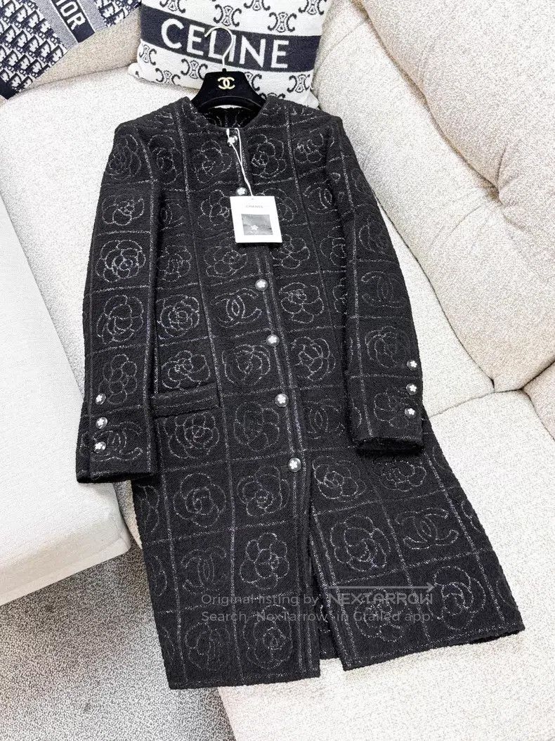 Chanel Chanel Dark-patterned camellia round-neck long coat Size XS / US 0-2 / IT 36-38 - 3 Thumbnail