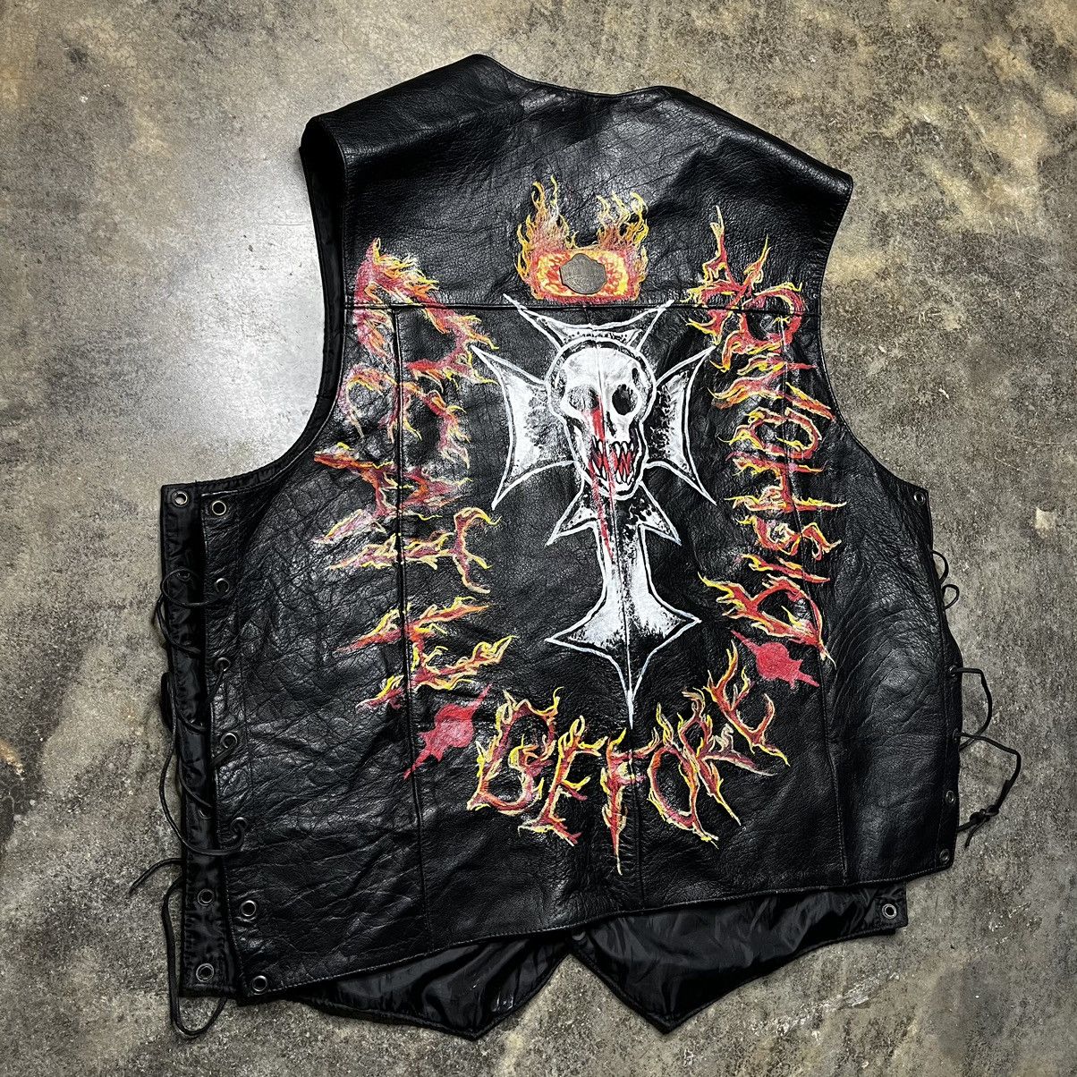 Vintage vintage black leather biker skull chain vest Size US XXL / EU 58 / 5 - 1 Thumbnail