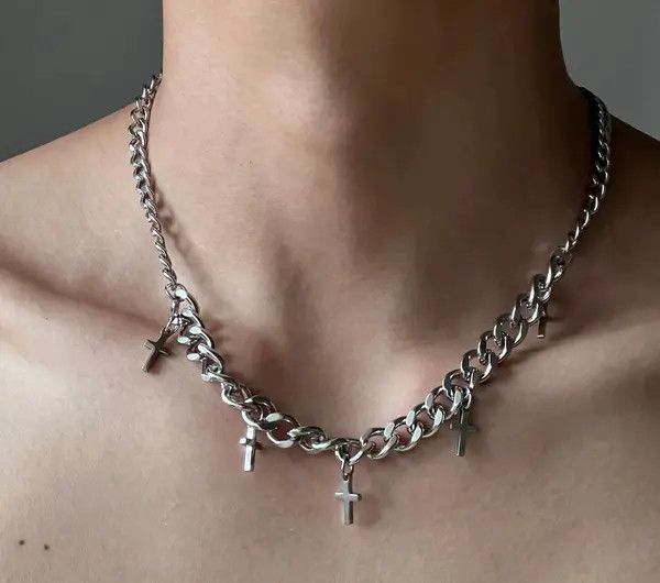 Jewelry Silver Chain Necklace with Cross Charms Size ONE SIZE - 8 Thumbnail