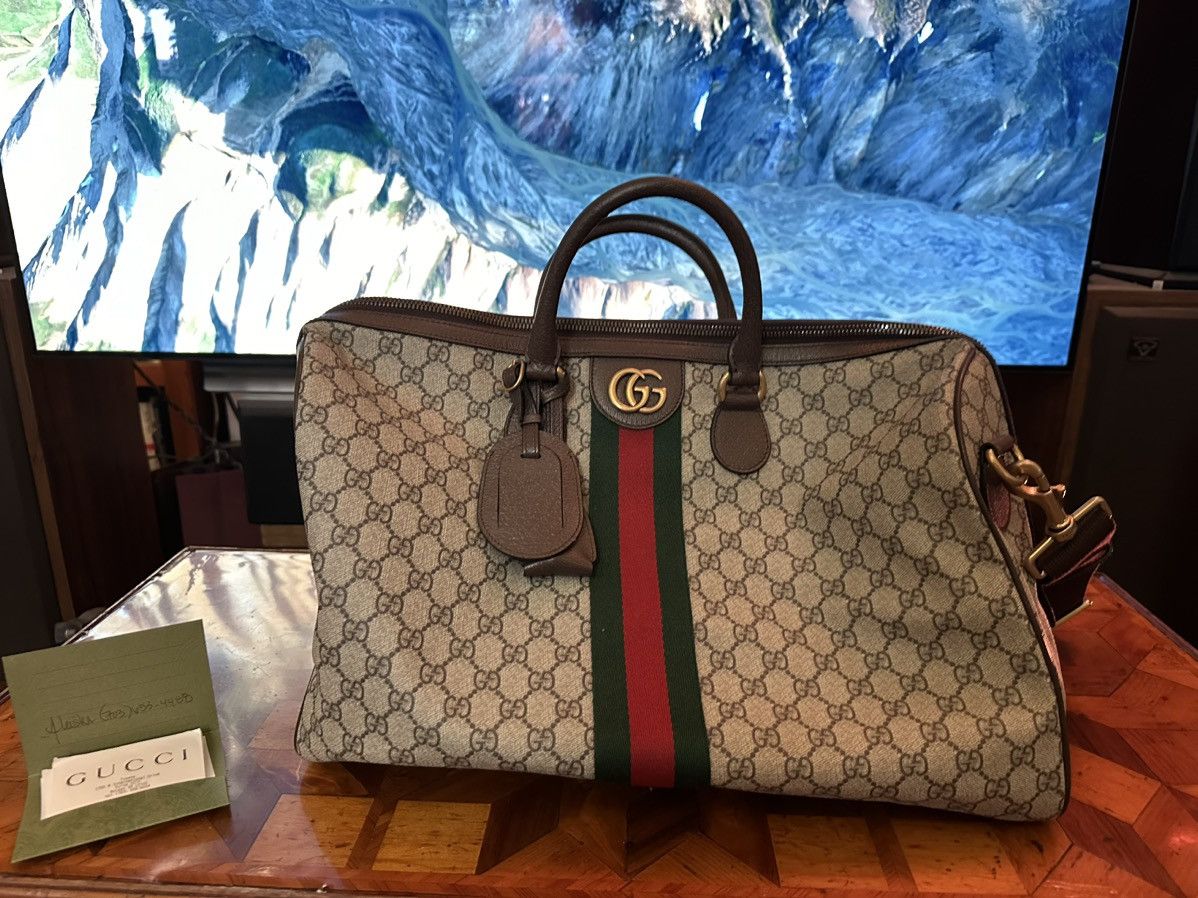 image of Gucci Ophidia Medium Savoy Duffle Bag in Khaki Canvas, Men's