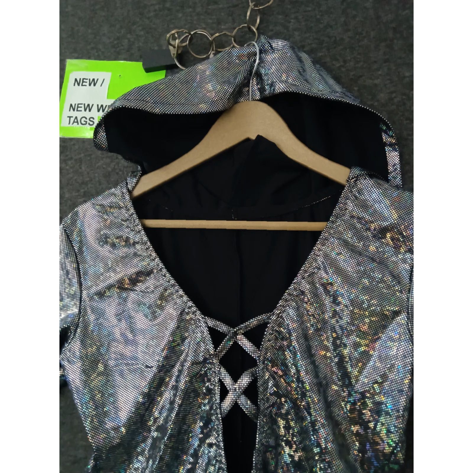 Vintage Womens Hooded Top V-Neck Shiny Silver XL Shirt Women Size XL / US 12-14 / IT 48-50 - 3 Thumbnail