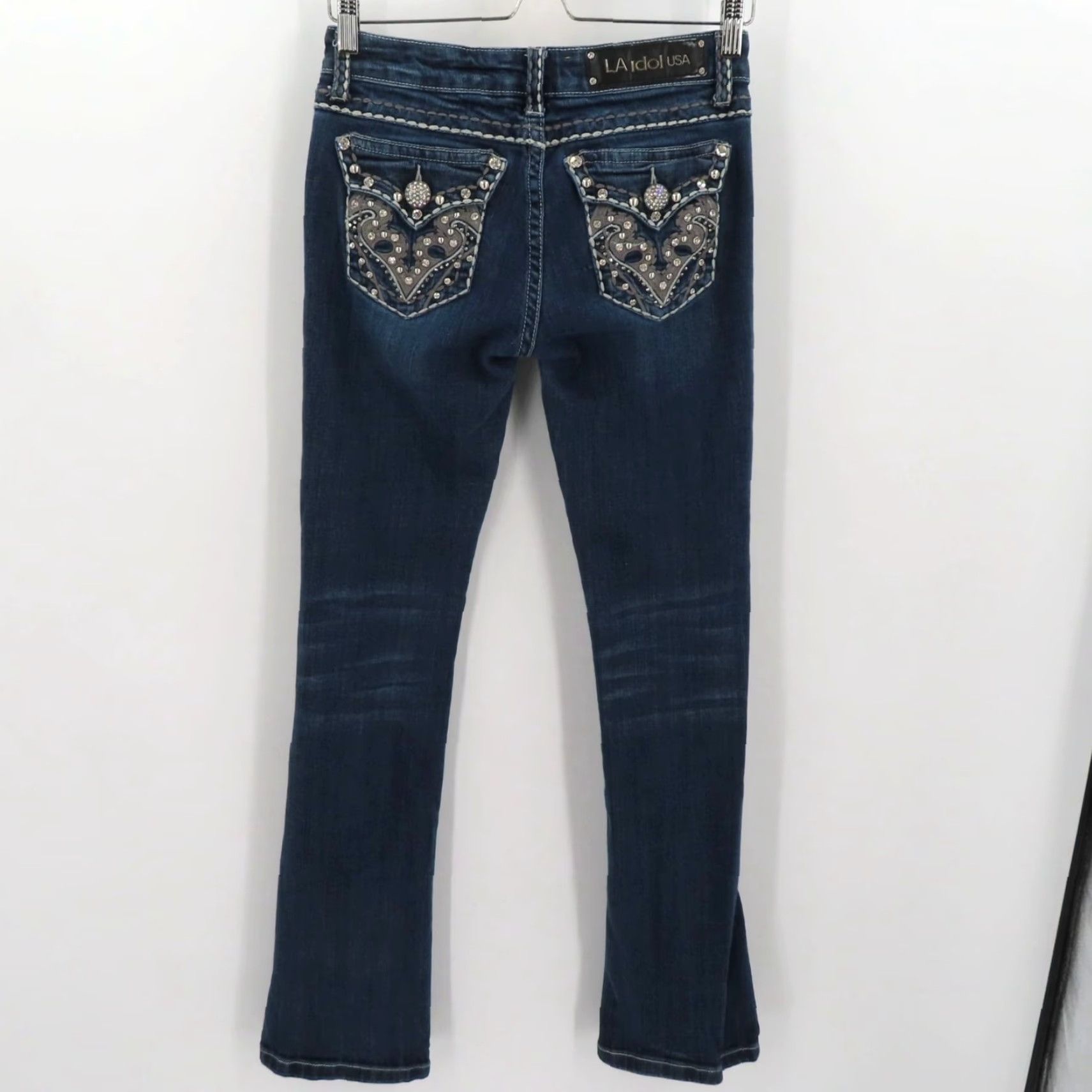 Denime LA Idol Jeans Bootcut Denim 5 Juniors Low Rise Rhinestone Blue 5-Pocket Regular Womens Vintage: No Size 27" / US 4 / IT 40 - 6 Thumbnail