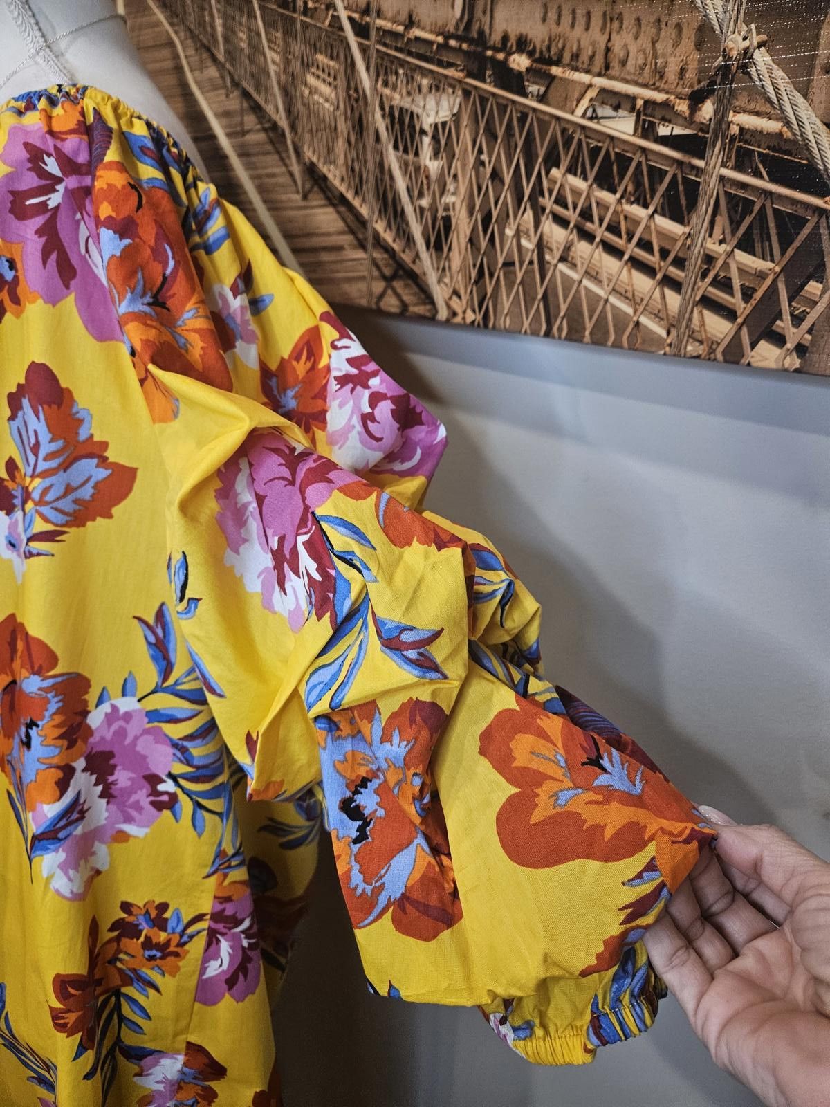 Designer Ivy Street Floral Yellow Dress with Puff Sleeves #395 Size 3XL / US 20-22 - 5 Thumbnail