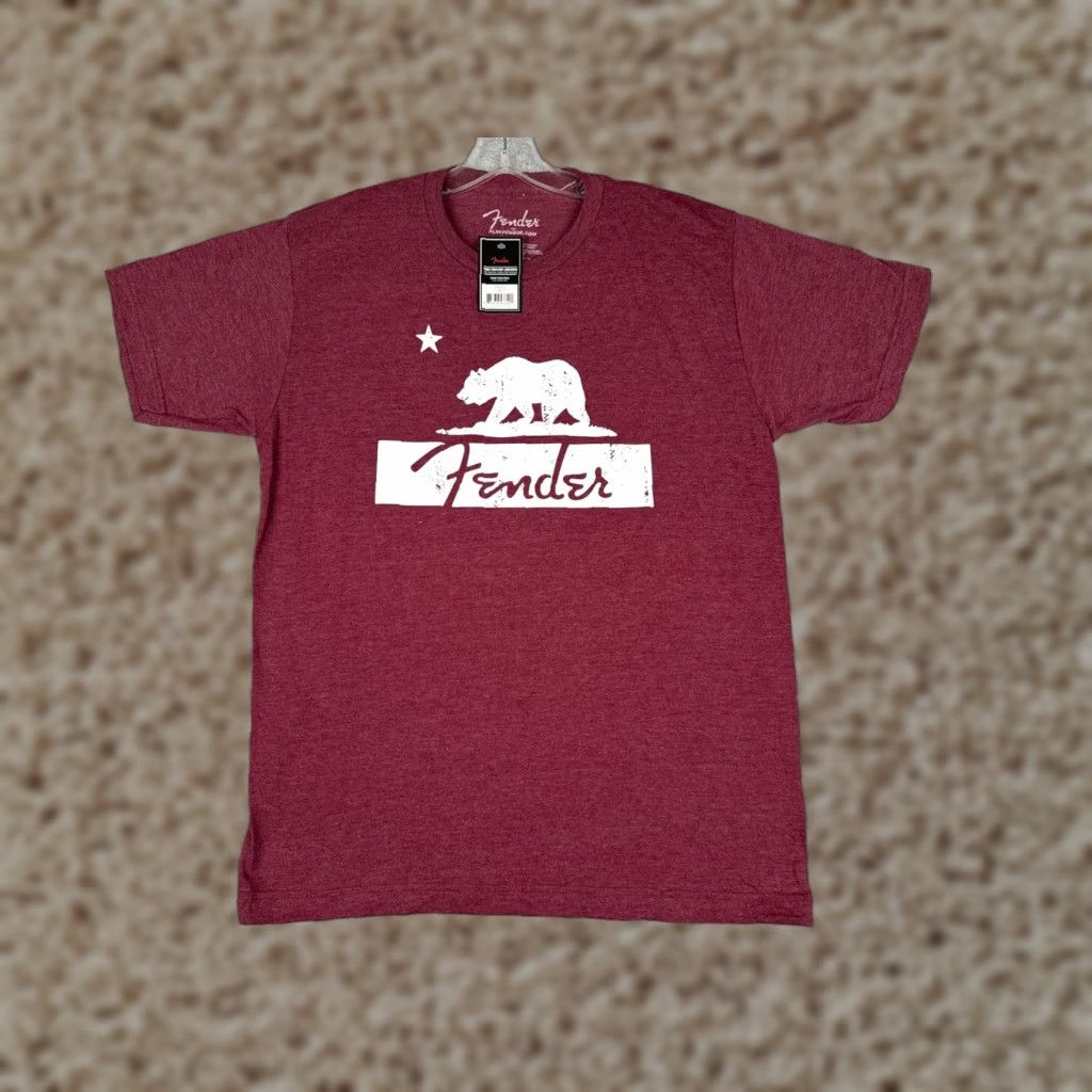 Fender Shirt Men Medium Burgundy Heather California Bear Guitar Short Sleeve