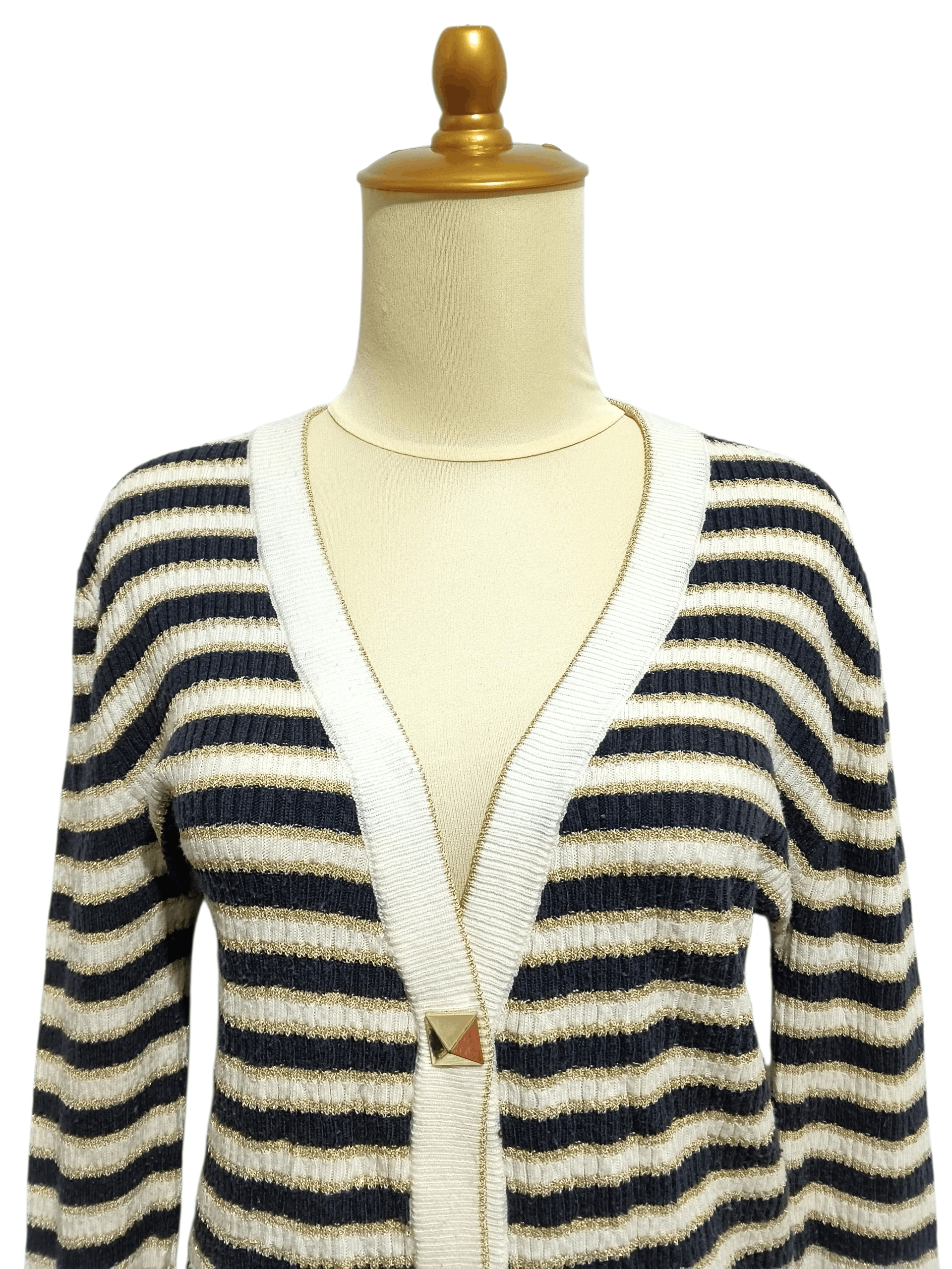 Valentino 🔥Valentino Navy,Cream & Gold Lurex Striped Cropped Cardigan Size M / US 6-8 / IT 42-44 - 2 Thumbnail