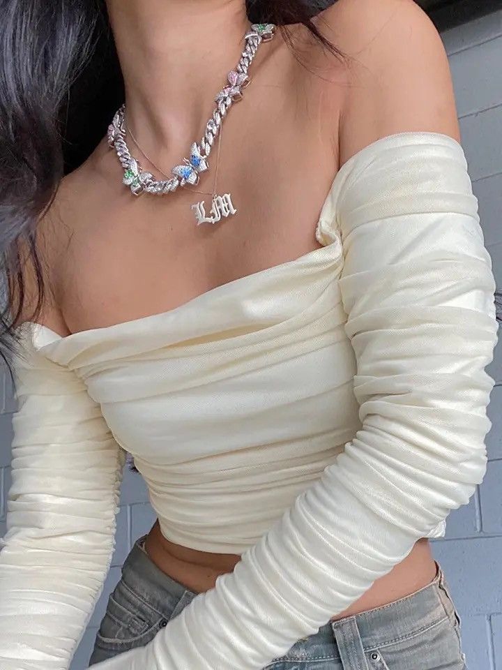 Other Women Patchwork Crop Top Long Sleeve Off Shoulder Shirt Size S / US 4 / IT 40 - 2 Thumbnail