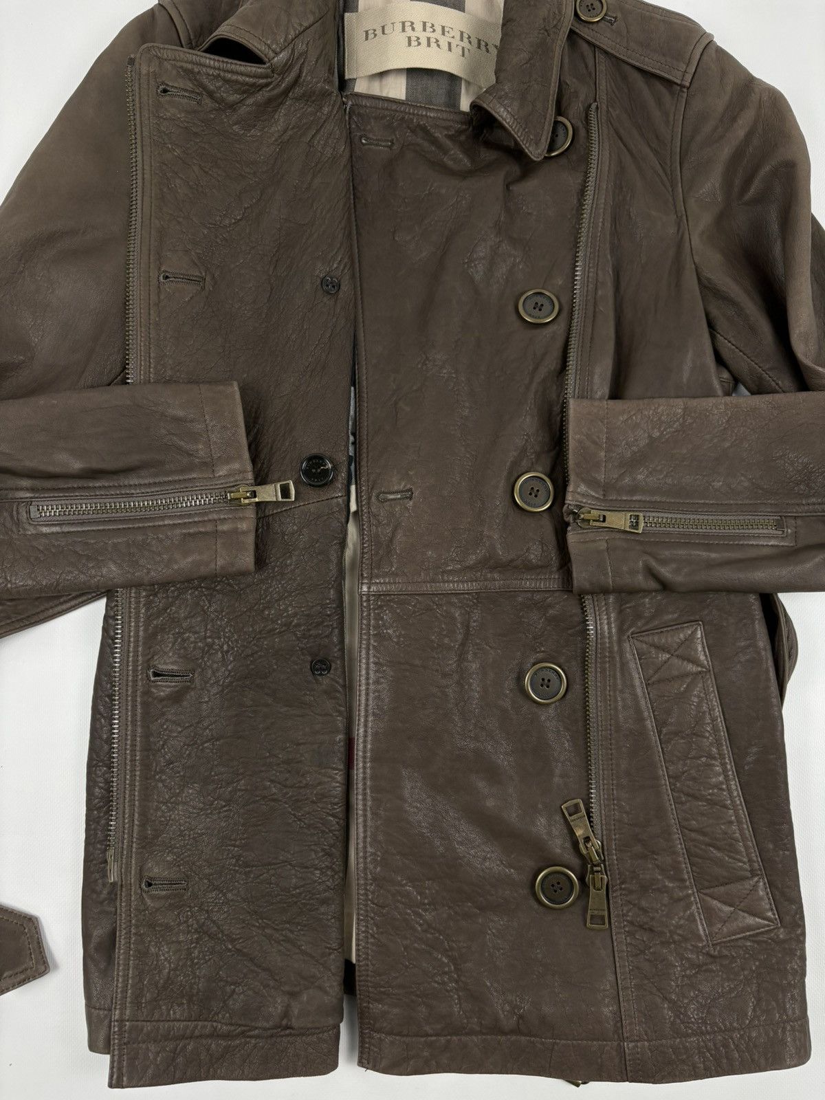 Burberry × Burberry Prorsum BRIT LAMBSKIN Nova Check Double-Breasted Zip Coat Belt Trench Jacket Size L / US 10 / IT 46 - 19 Thumbnail
