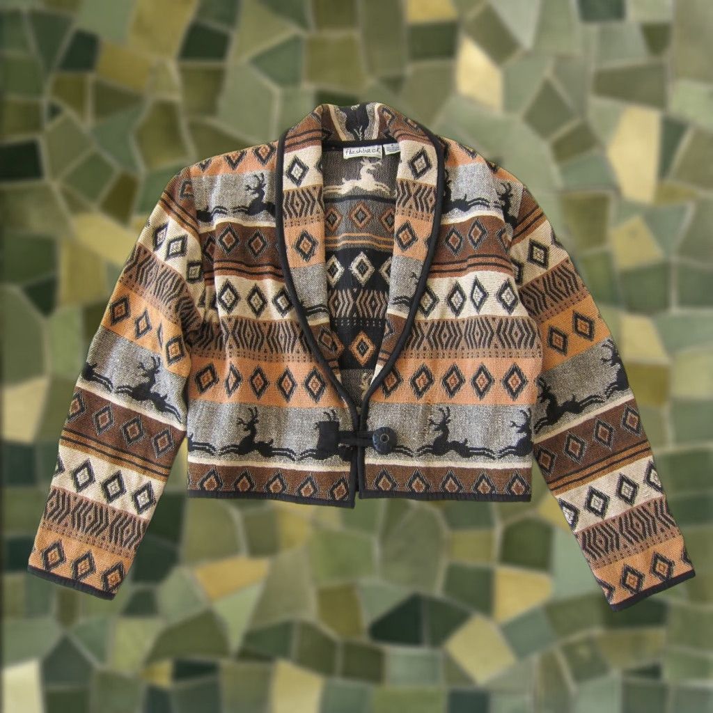 VINTAGE Flashback Jacket Womens M Bohemian Black Brown Aztec Deer 100% Cotton Blazer Shirt Coat L/M?