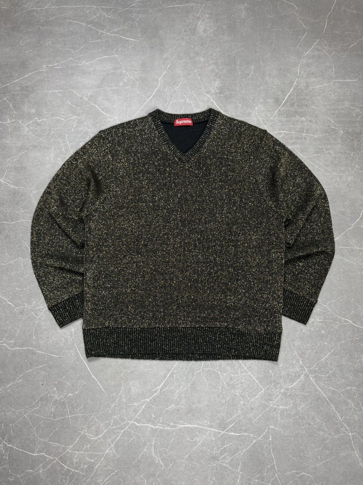 Supreme Metallic Knit Sweater Glitter V-Neck Gold Black M