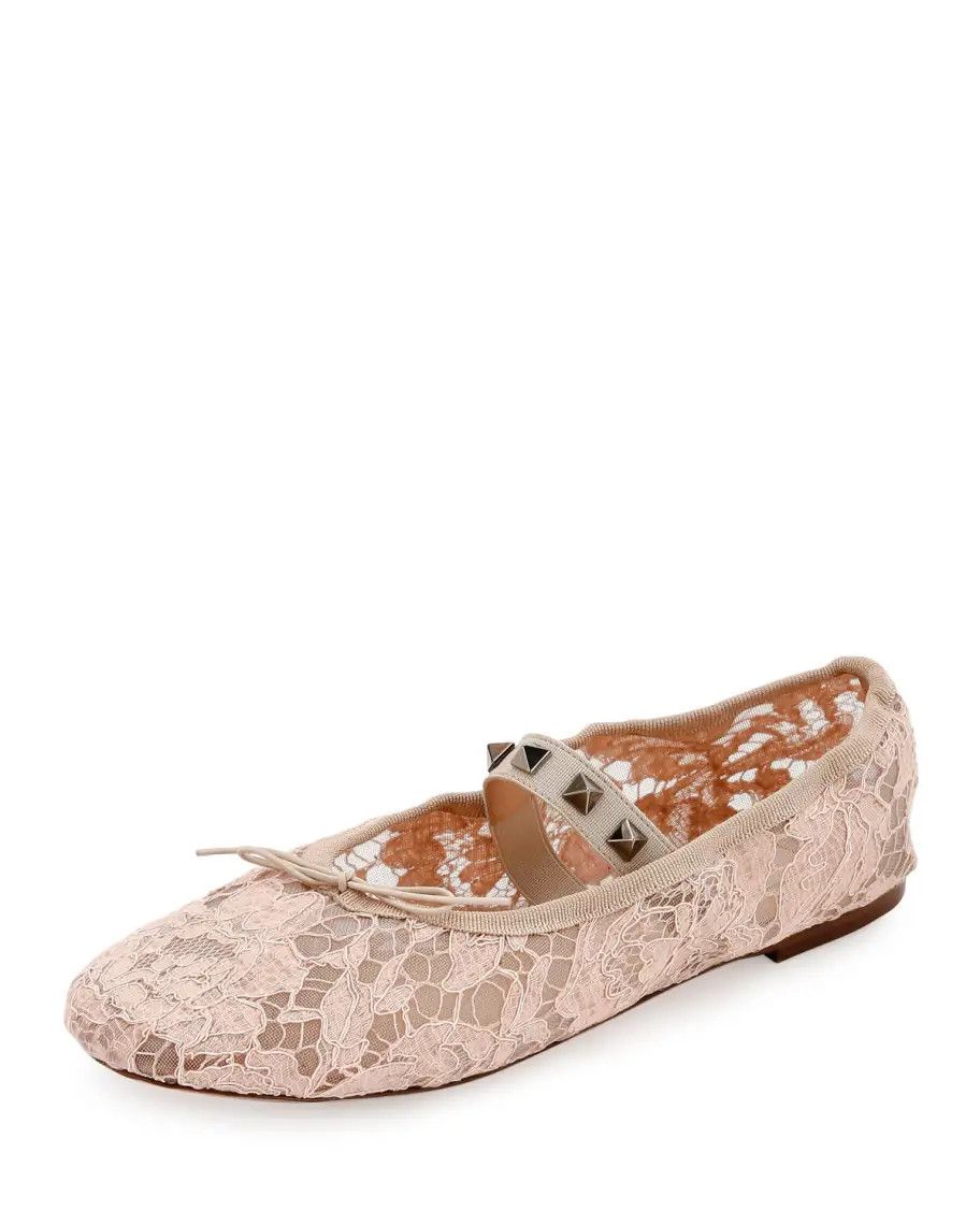 Valentino Valentino Pink Lace Rock Stud Ballet Flat Shoes Size US 9 / IT 39 - 1 Thumbnail