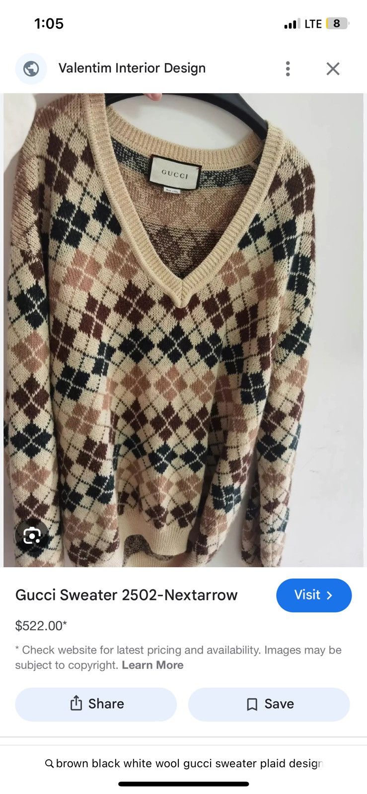 Gucci Gucci Beige Argyle V Neck Size US L / EU 52-54 / 3 - 7 Thumbnail