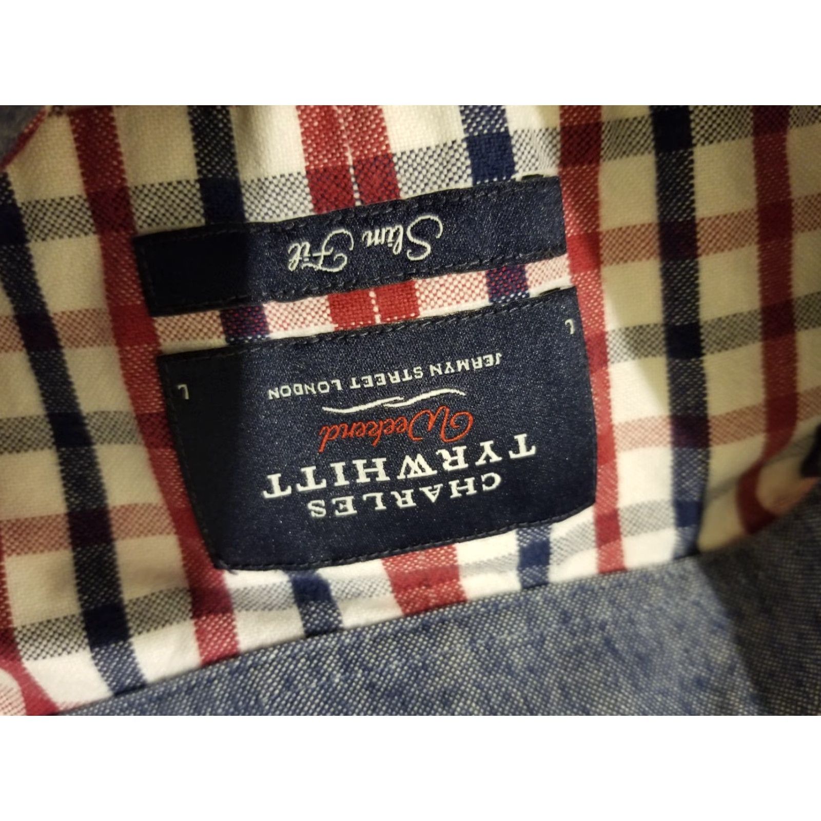 Charles Tyrwhitt Charles Tyrwhitt Shirt Mens L Large Slim Red Plaid Button-Up Cotton Shirt Size 42R - 3 Thumbnail
