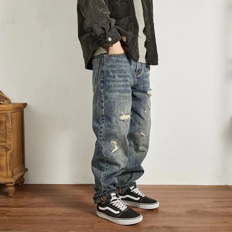 Japanese Brand Retro loose straight leg ripped jeans Size US 32 / EU 48 - 6 Thumbnail