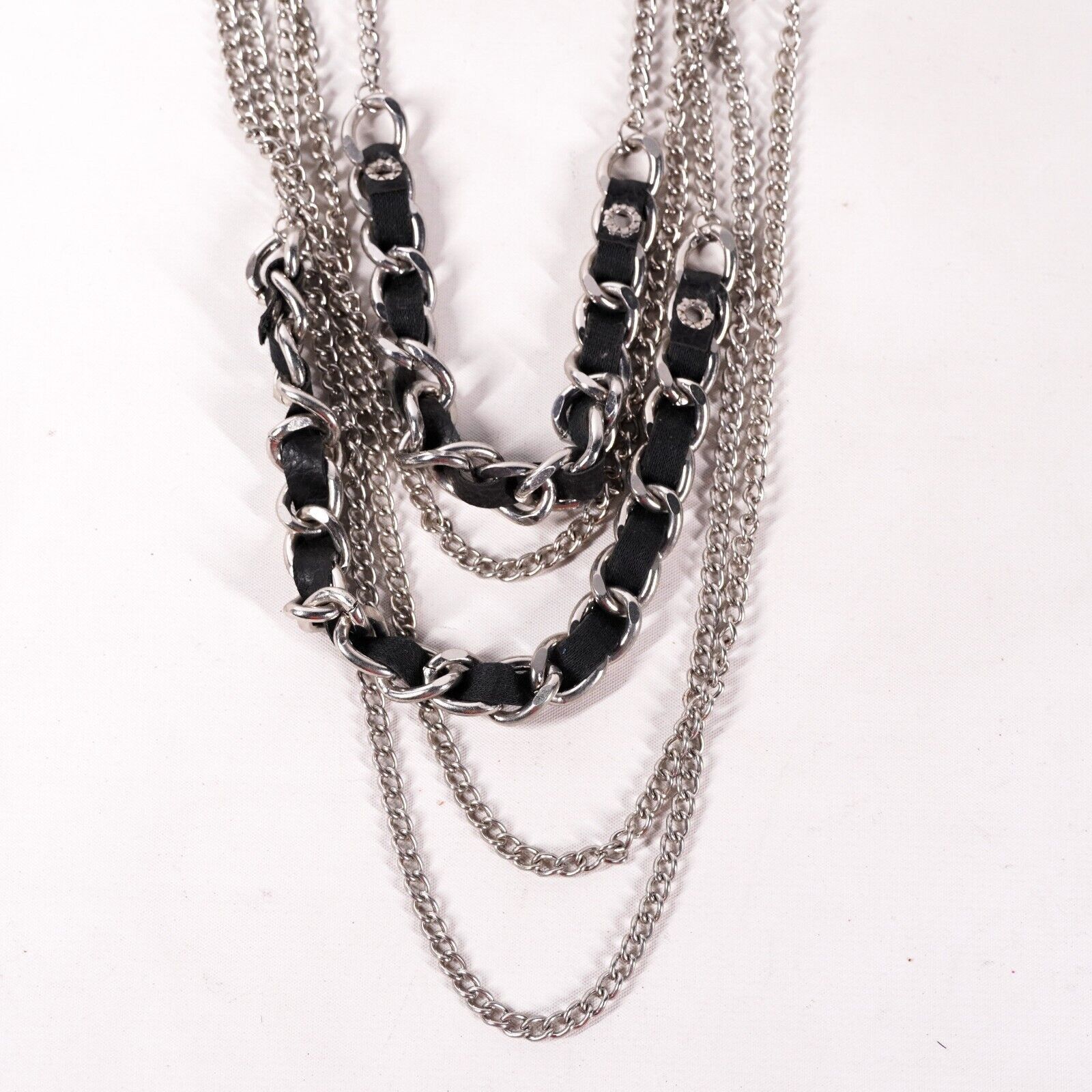 Other Metal Silver Chain Black Leather 17" Necklace Choker Jewelry Size ONE SIZE - 2 Thumbnail