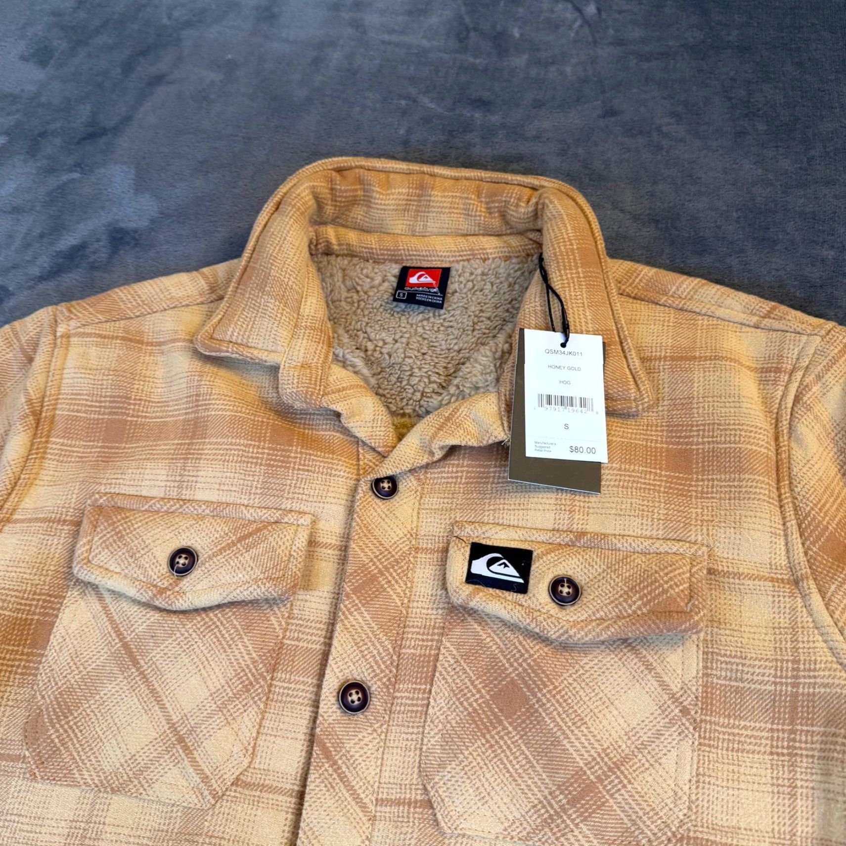 Quiksilver Flannel Shirt Jacket Plaid Sherpa Lined Honey Gold Mens Small NWT