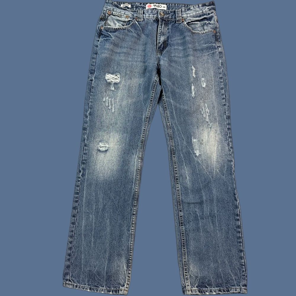 VINTAGE YASO Jeans Mens 34x33 Blue Straight Distressed Embroidered Pocket Y2K Jeans