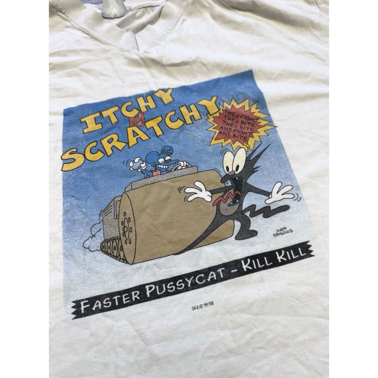 Vintage VINTAGE The Simpsons Itchy & Scratchy FASTER PUSSYCAT KILL KILL TM FOX XL Shirt Mens White 1999 8/10 Stains Size US XL / EU 56 / 4 - 5 Thumbnail