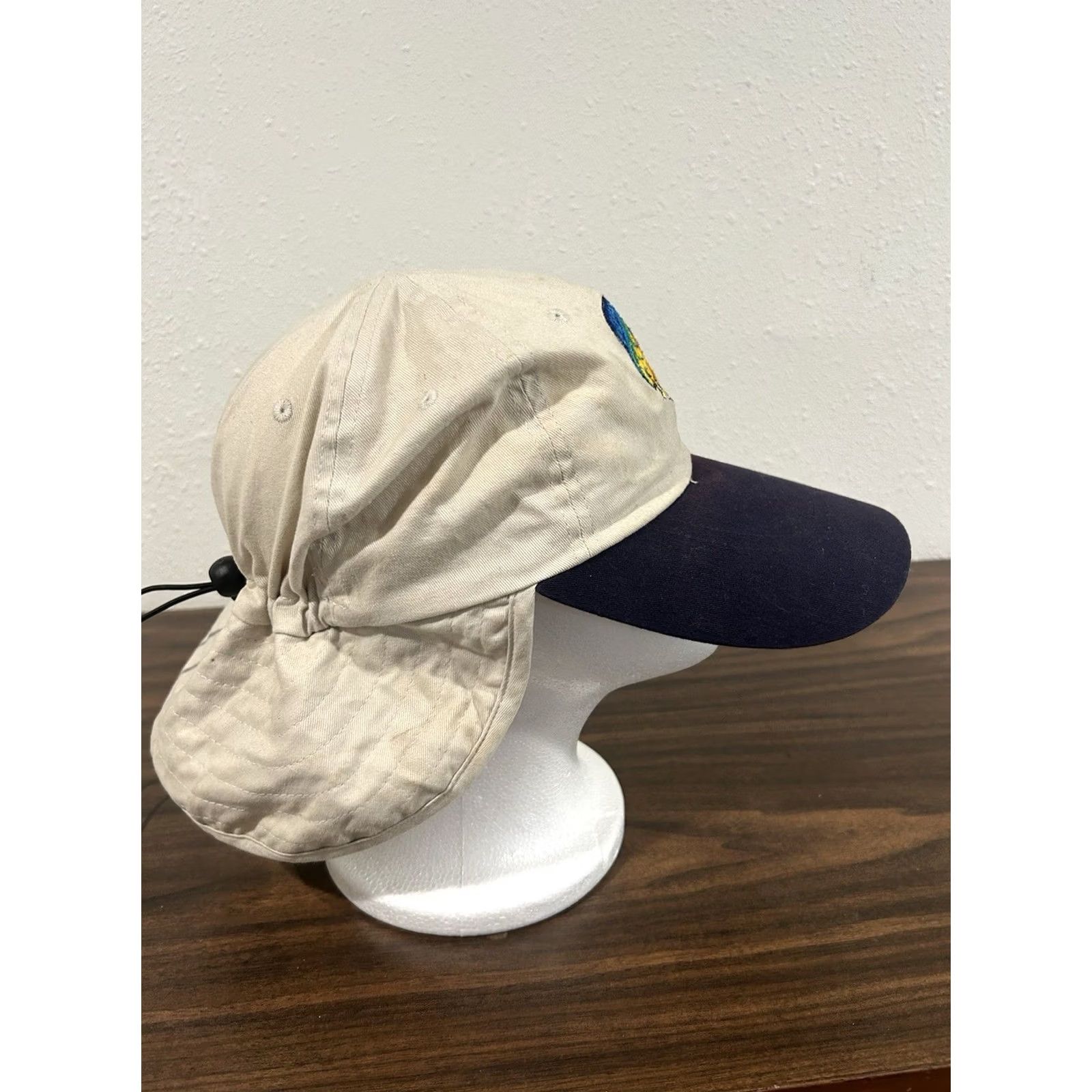 Vintage Just Hook Em Hat w/ Neck Flap Fishing Cap Embroidered Sail Fish Dolphin Beige Size ONE SIZE - 4 Thumbnail