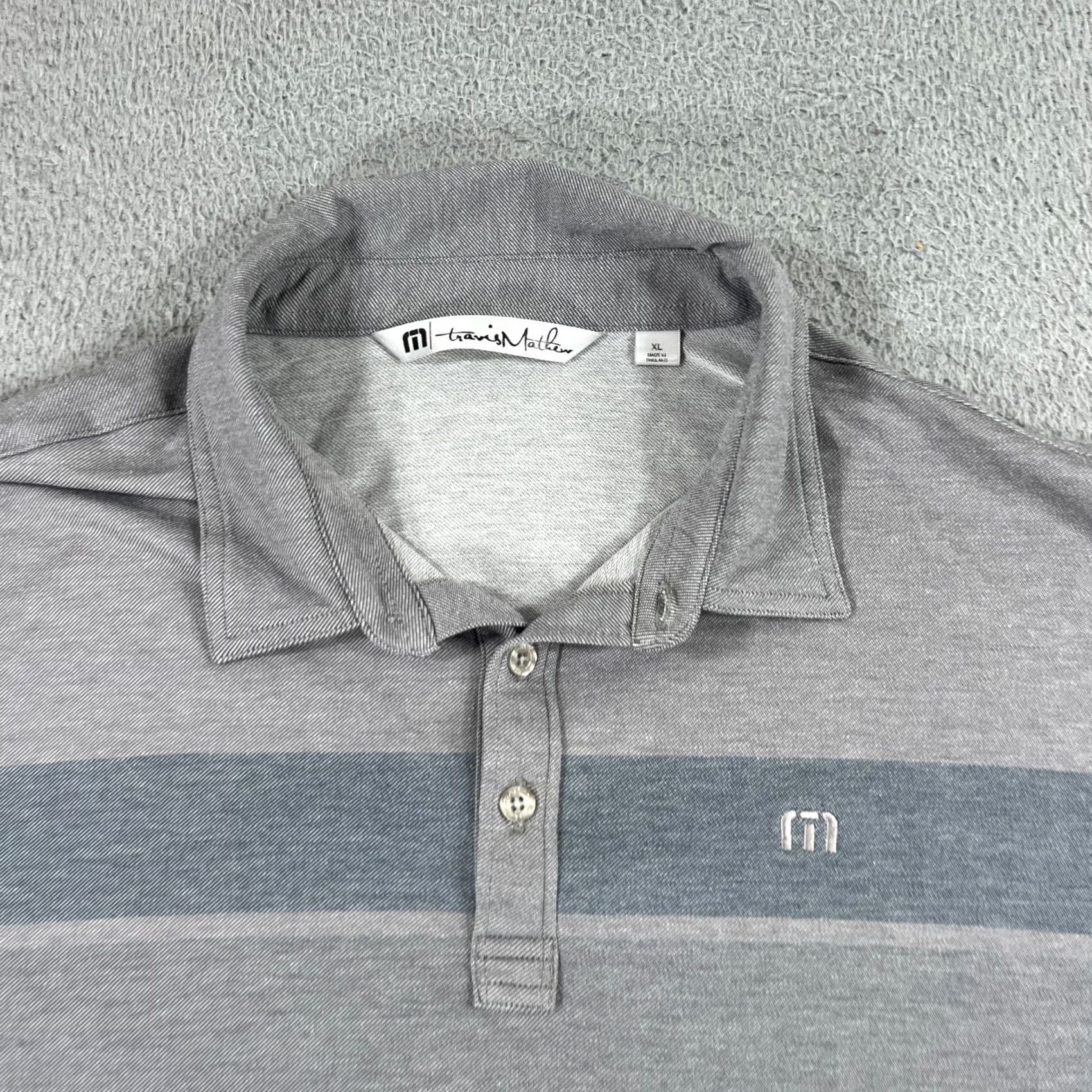 TravisMathew Travis Mathew Men's XL Gray Blue Striped Golf Polo Shirt Performance Fit Size US XL / EU 56 / 4 - 2 Thumbnail