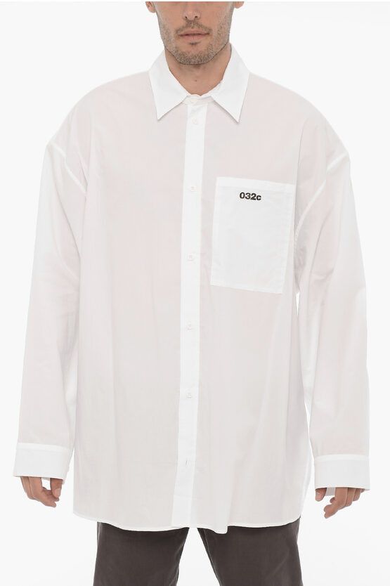 image of 032C Poplin Cotton Shirt With Contrasting Print in White, Men's (Size Large)