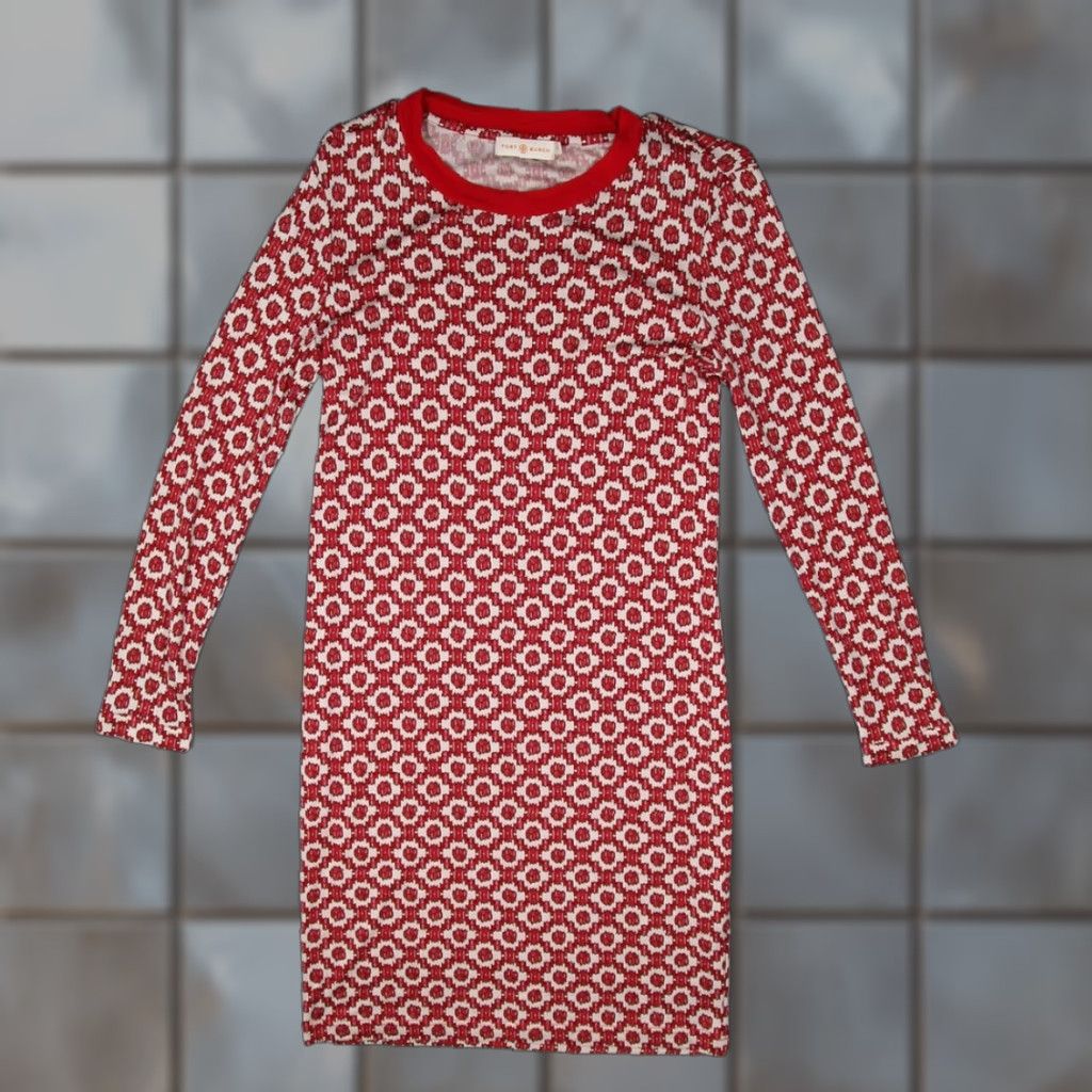 Tory Burch Tory Burch Silk Dress Womens Small Long Sleeve Geometric Pattern Red Designer Sheath Size S / US 4 / IT 40 - 1 Thumbnail