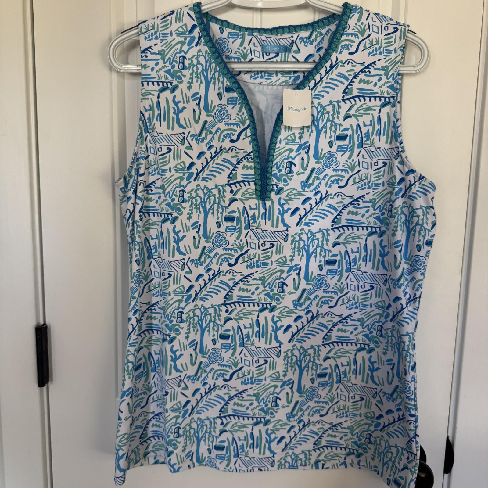 J.McLaughlin NWT-J. McLaughlin Sleeveless Printed Top with Crochet Trim Size L / US 10 / IT 46 - 1 Thumbnail