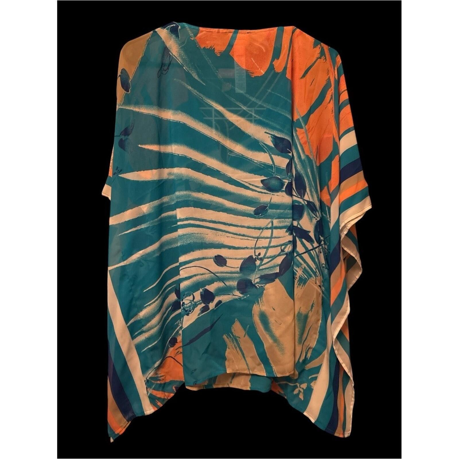Chicos Chico's Teal, Orange & Cream Printed Swim Coverup Tunic Size ONE SIZE - 2 Thumbnail