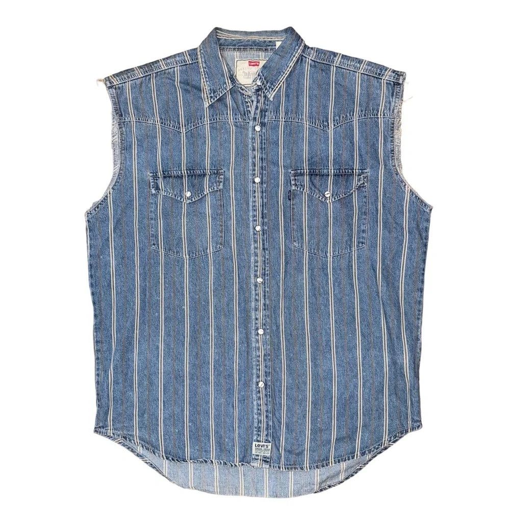 Levi's Vintage Clothing 90s Levi’s Denim Sleeveless Pearl Snap Button-Up Shirt Size US L / EU 52-54 / 3 - 1 Thumbnail