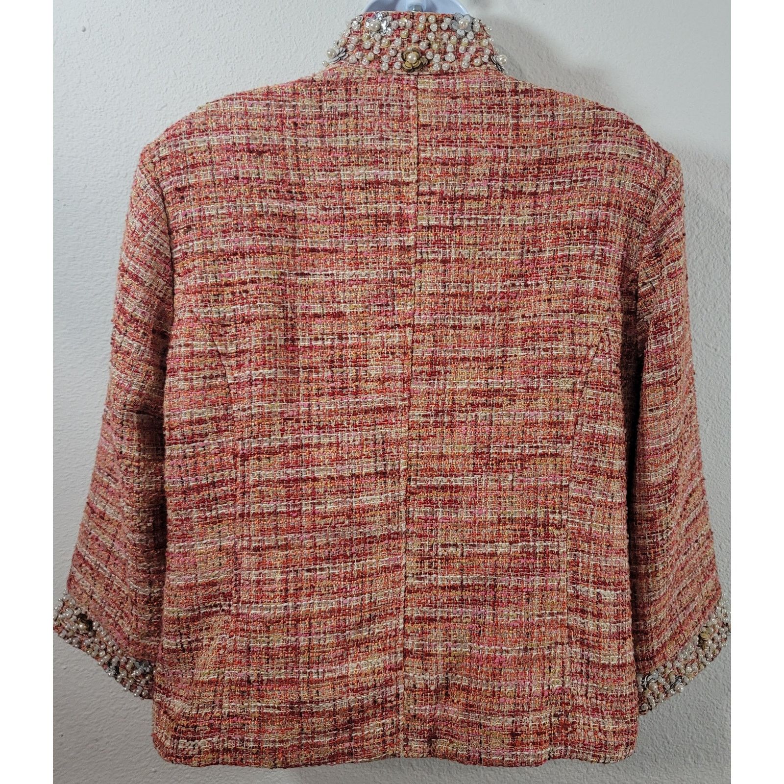 Chicos Chico's Orange Red Embellished Tweed Blazer 2 Large Lined Size L / US 10 / IT 46 - 3 Thumbnail