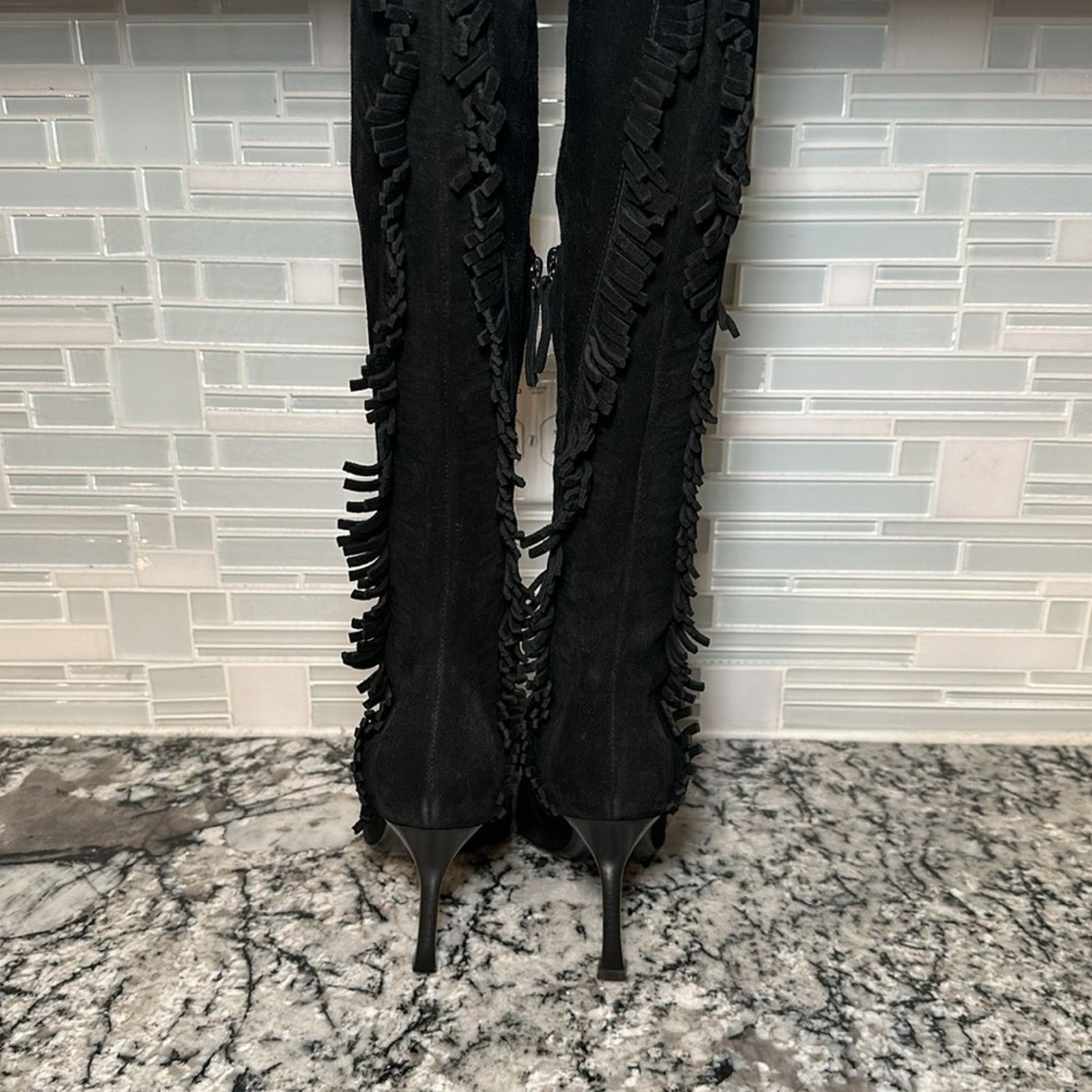 St. John Suede Fringe Knee High Heeled Boots - 7B
