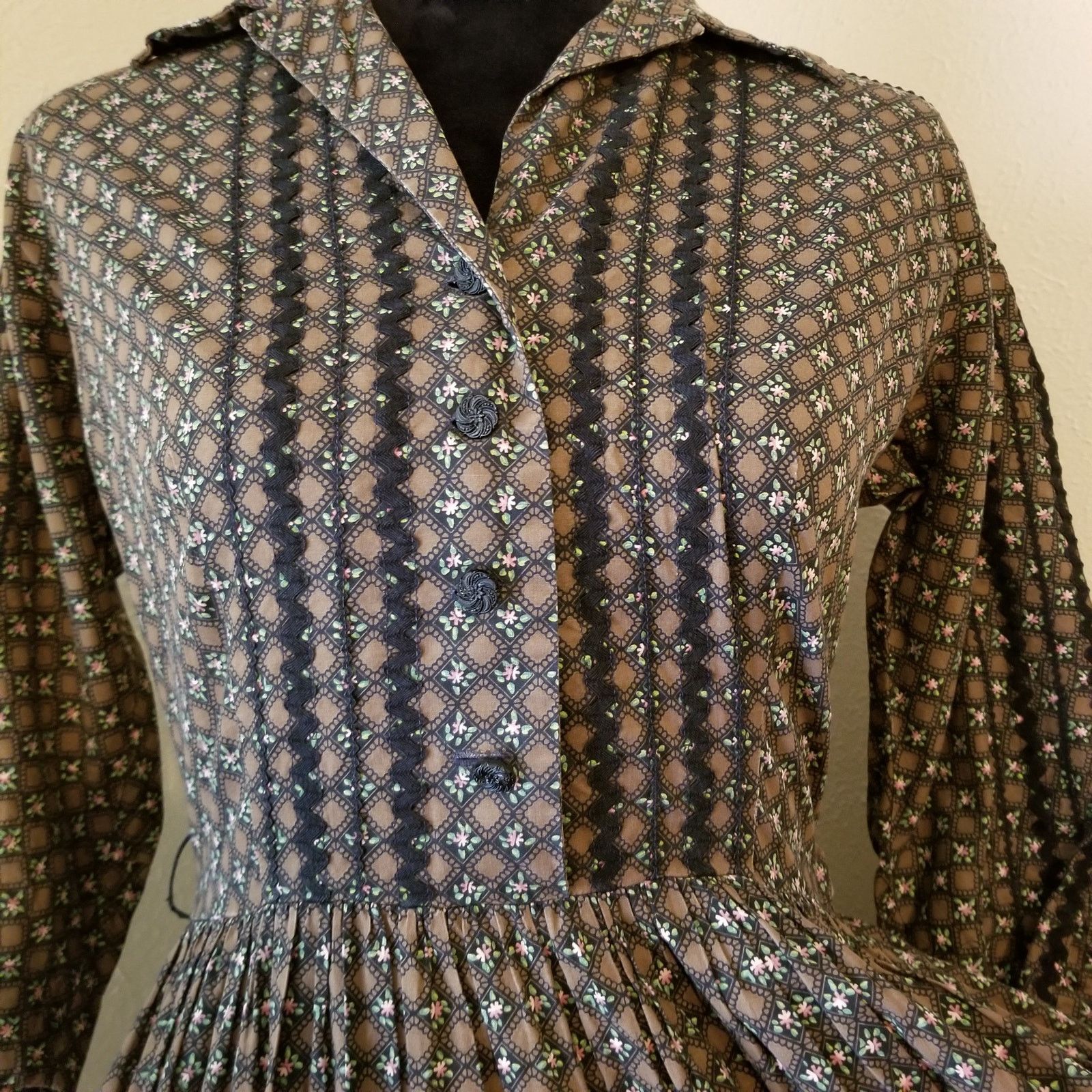 Vintage Vtg 50s 60s Patio Dress Circle Skirt Brown Black Prairie Size M / US 6-8 / IT 42-44 - 3 Thumbnail