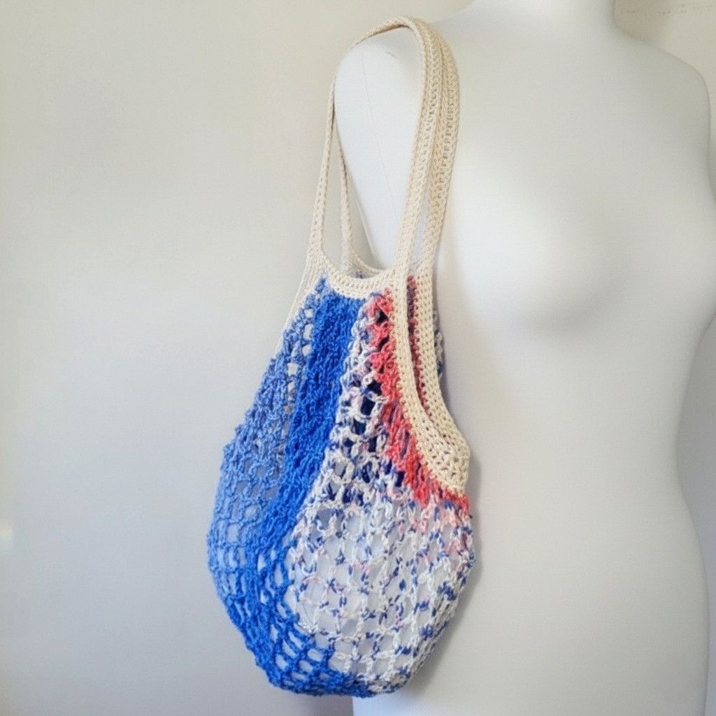 Handmade Handmade Blue Farmers Market Bag Crochet French Net Sack Size ONE SIZE - 5 Thumbnail