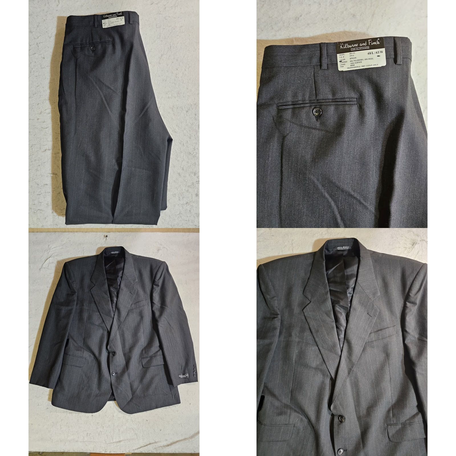 Vintage VINTAGE Kilburne & Finch Classic 2 Piece Wool Blend Suit Pin Striped Mens 48L 43W Black NWTs Size 48R - 8 Thumbnail