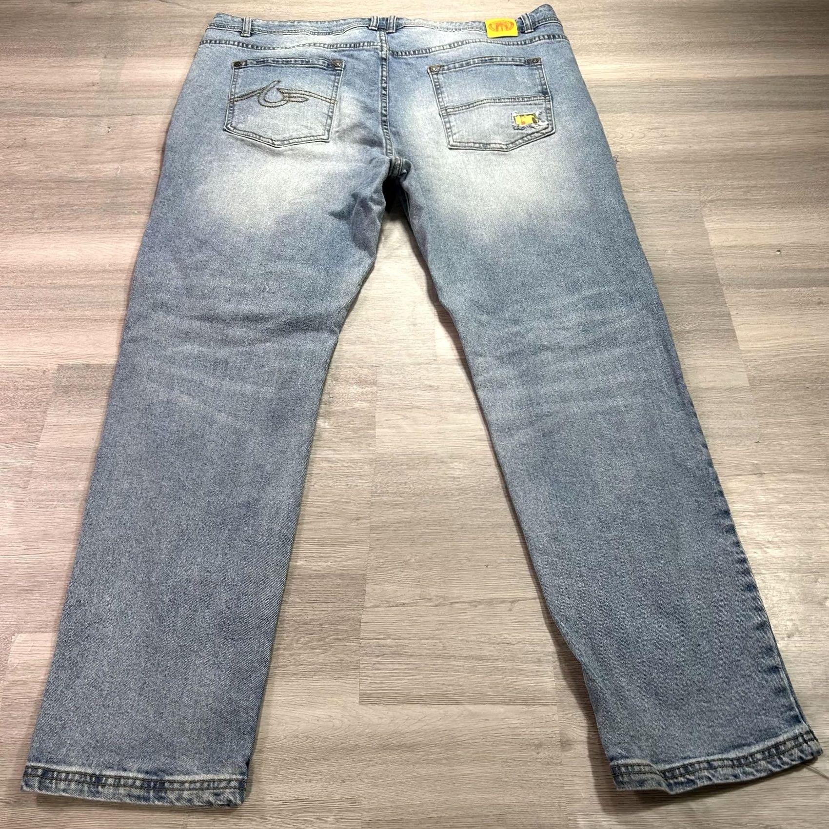 Born Born Fly Jeans Mens 42x34 Blue Distressed Stretch Straight Denim Light Wash Jeans Size US 42 / EU 58 - 2 Thumbnail