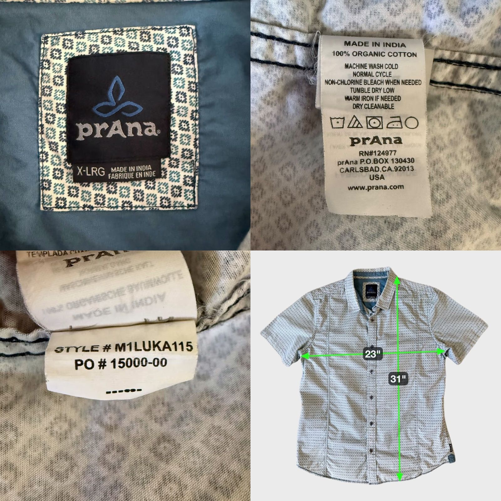 Prana prAna Button-Up Shirt Blue XL Mens Short-Sleeve Geometric Organic Cotton Travel Classic City Nature Outdoor Preppy All Seasons Holiday Size US XL / EU 56 / 4 - 8 Thumbnail