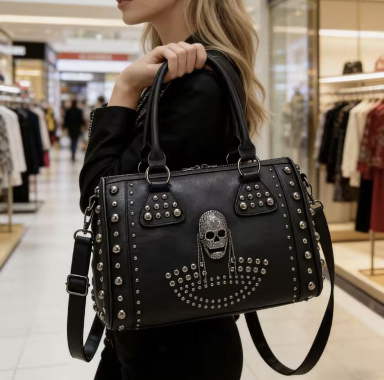 Japanese Brand Trendy Metal Skull Studded Black Handbags Size ONE SIZE - 1 Thumbnail