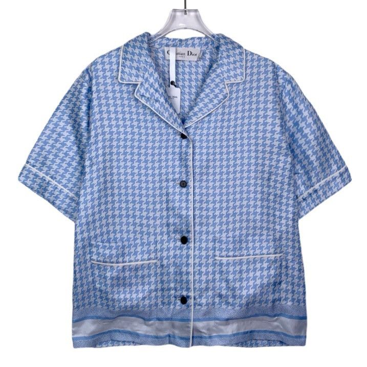 Dior Dior Blue Houndstooth Silk Collared Short Sleeve Shirt K26WX Size M / US 6-8 / IT 42-44 - 1 Thumbnail