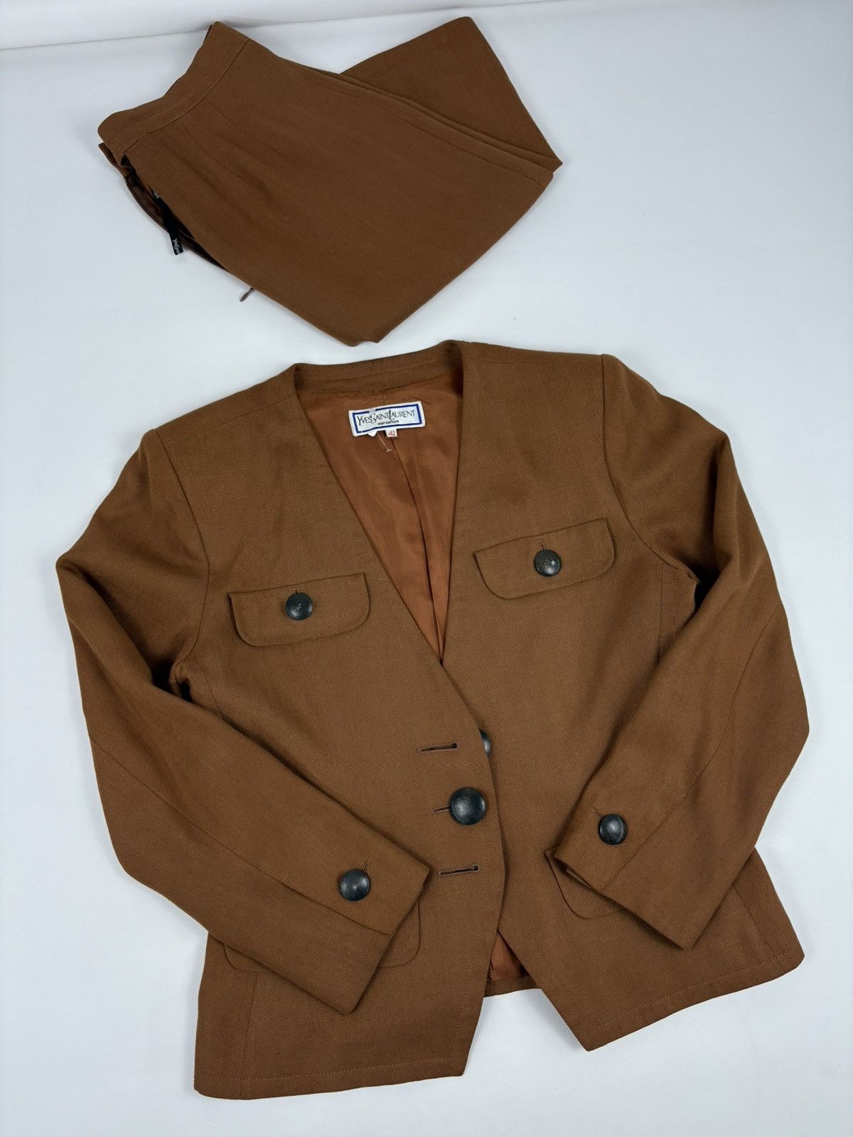 Yves Saint Laurent Rare 70's YSL Variation Rive Gauche Linen Elegant Set 2 Piece Skirt Suit Blazer Jacket Size M / US 6-8 / IT 42-44 - 5 Thumbnail