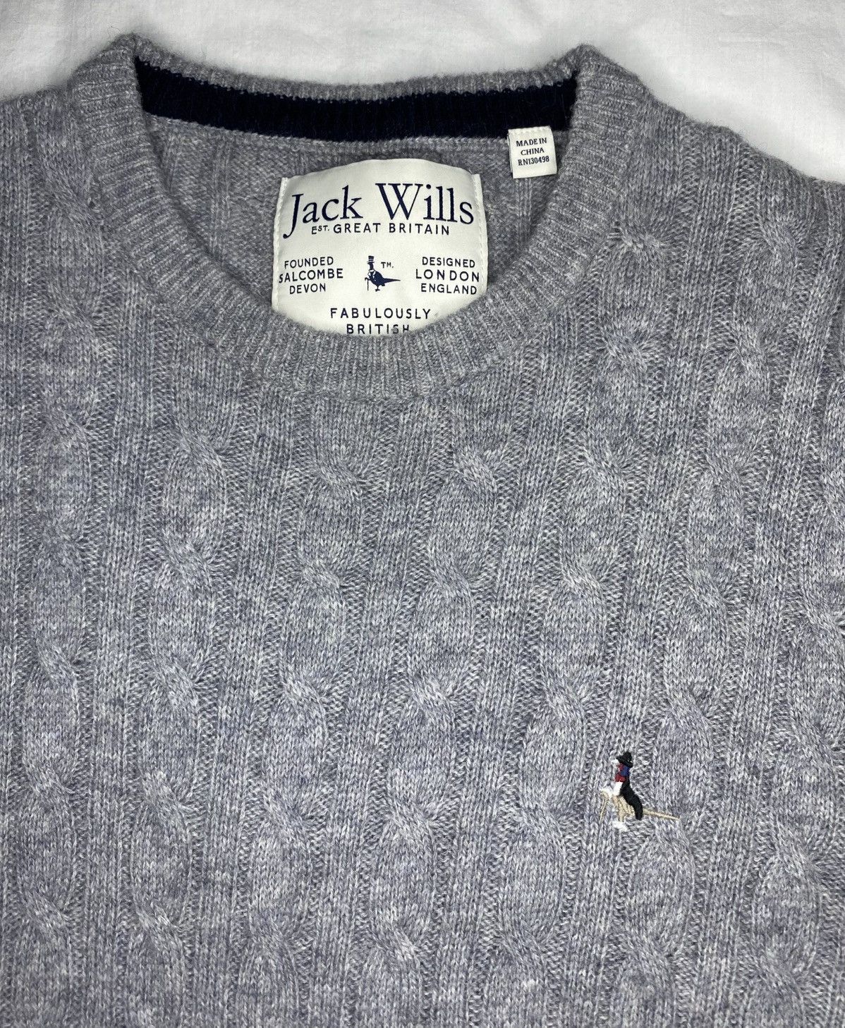 Jack Wills JACK WILLS Grey Round Neck 100% Merino Wool Cable Knit Logo Size US L / EU 52-54 / 3 - 1 Thumbnail