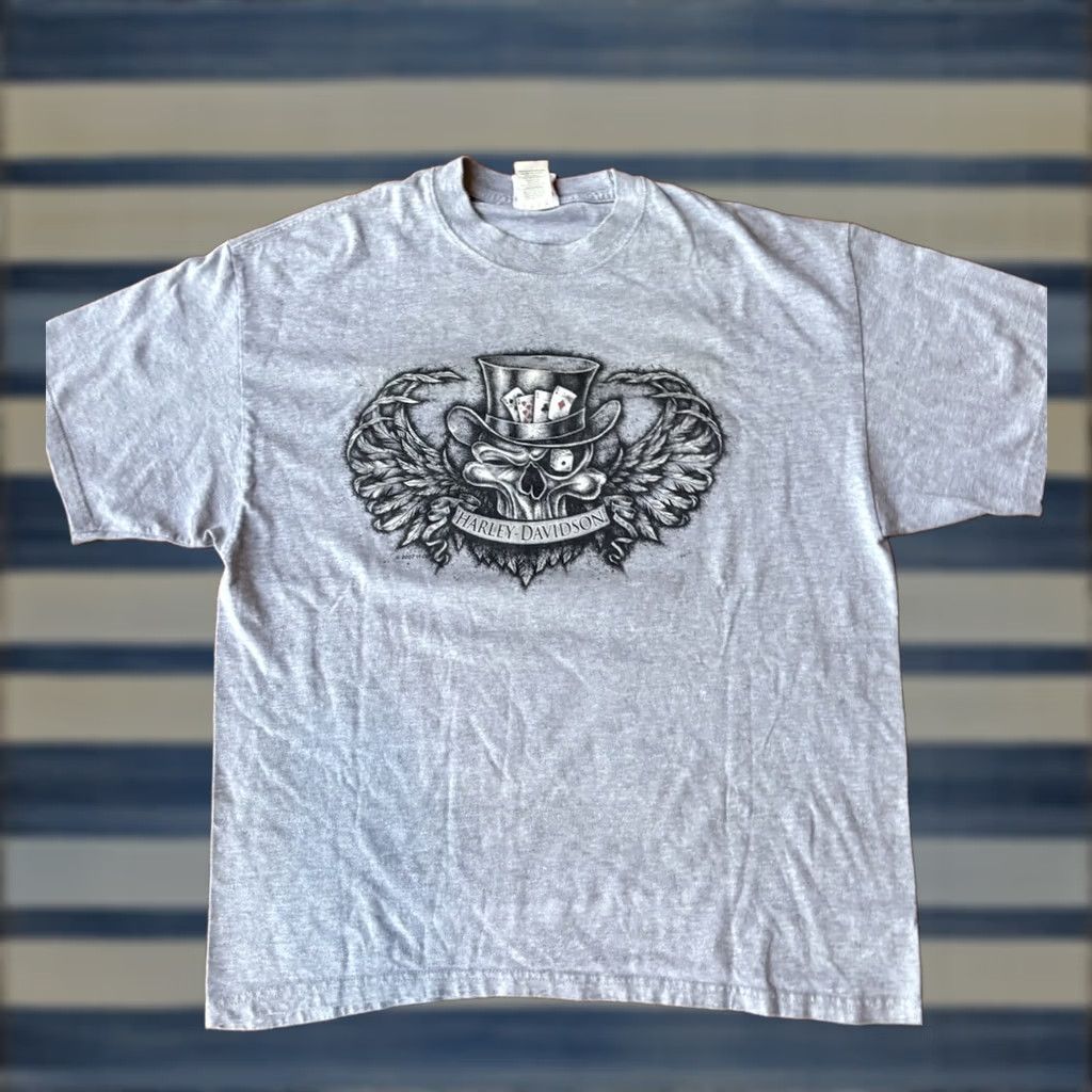 Harley Davidson VINTAGE Harley-Davidson Skull Poker T-Shirt XL Men Crew Neck Short Sleeve Graphic Print Knit Cotton Gray 2000s Biker Motorcycle Skull Size US XL / EU 56 / 4 - 1 Thumbnail